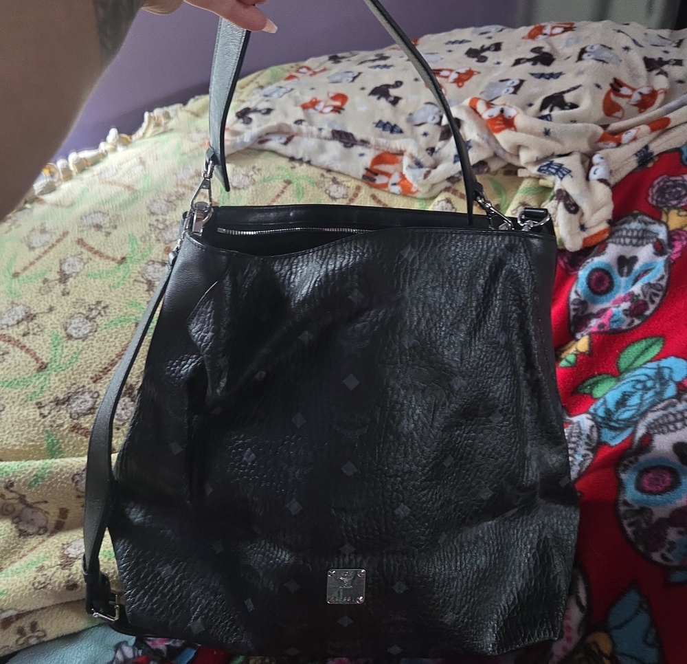 MCM Black Leather Shoulder Bag with Subtle Monogram